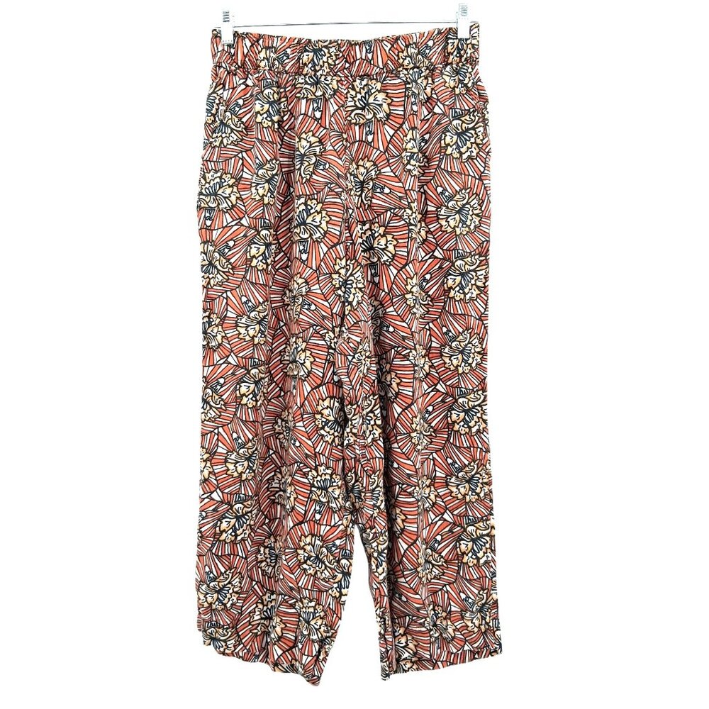 Cynthia Rowley Linen Wide Crop Leg Pants Size Large High Rise Elastic Waist